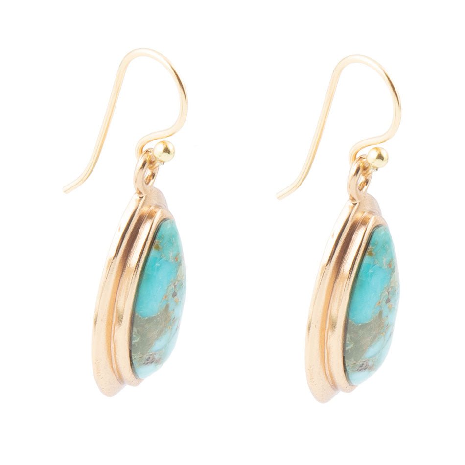 Genuine Blue Turquoise Golden Drop Earrings detail view by Barse Jewelry