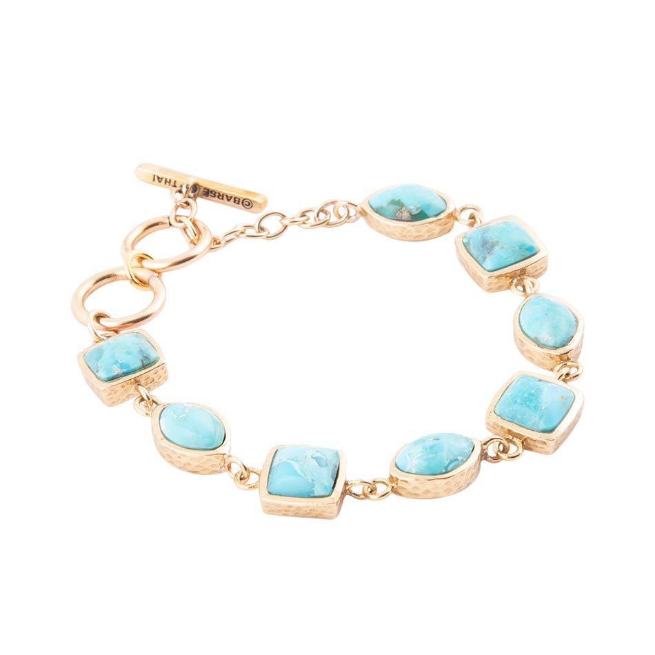 Genuine Blue Turquoise Hammered Golden Link Bracelet detail view by Barse Jewelry