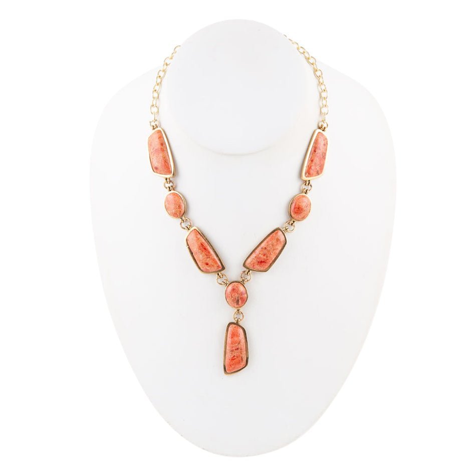 Genuine Orange Sponge Coral Golden Abstract Statement Necklace detail view by Barse Jewelry