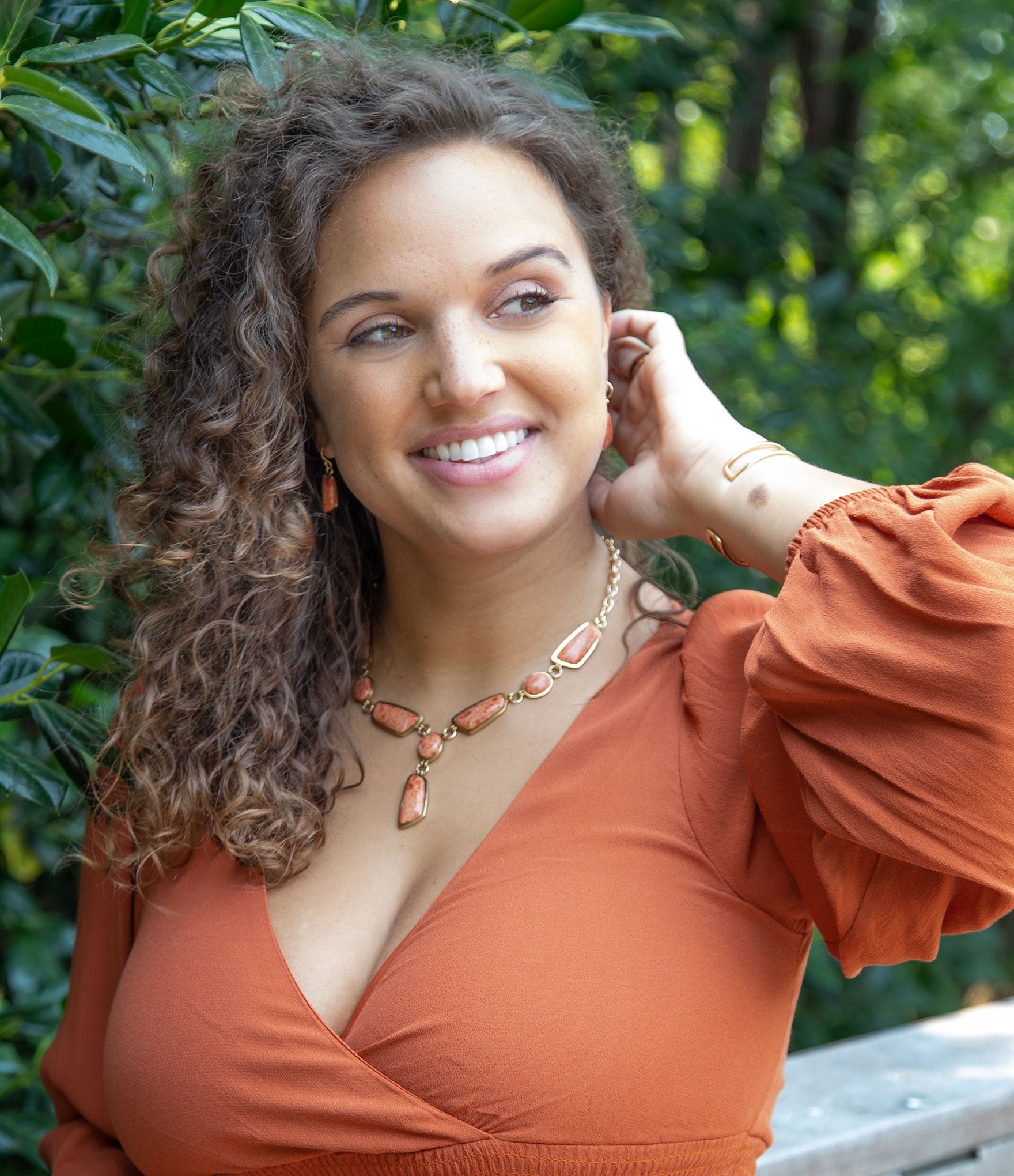Genuine Orange Sponge Coral Golden Abstract Statement Necklace detail view by Barse Jewelry