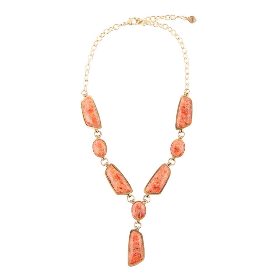 Genuine Orange Sponge Coral Golden Abstract Statement Necklace detail view by Barse Jewelry