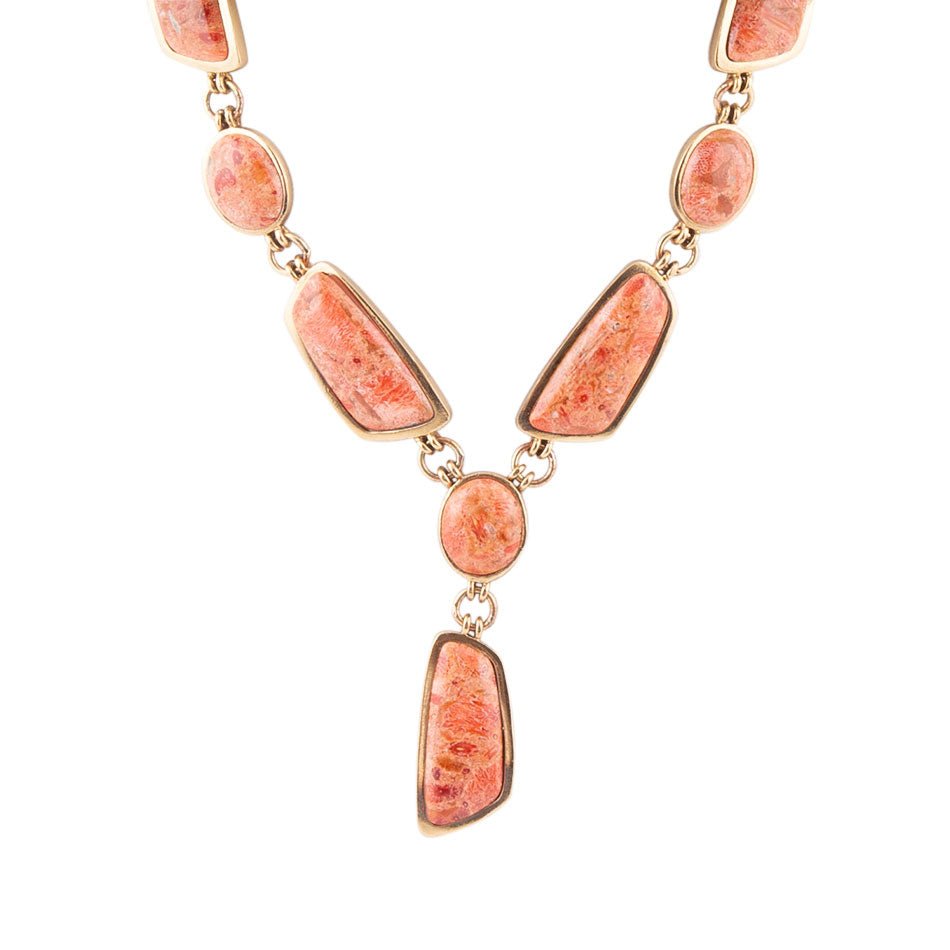 Genuine Orange Sponge Coral Golden Abstract Statement Necklace by Barse Jewelry