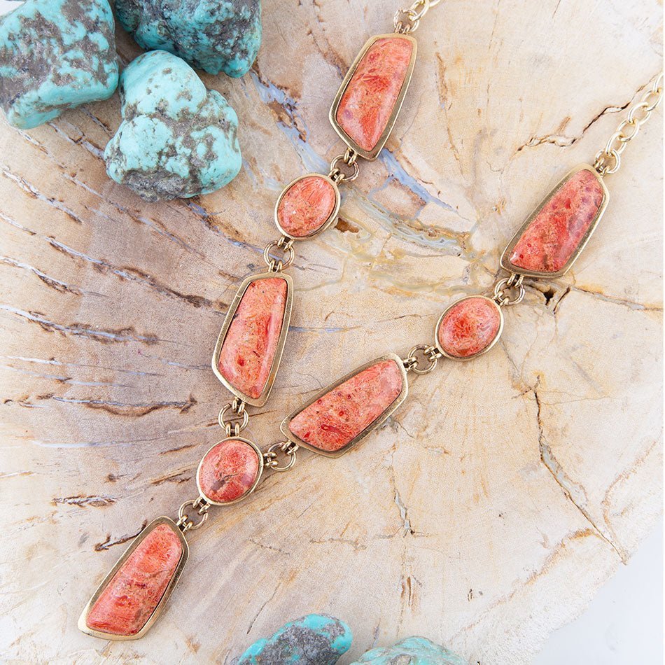Genuine Orange Sponge Coral Golden Abstract Statement Necklace detail view by Barse Jewelry