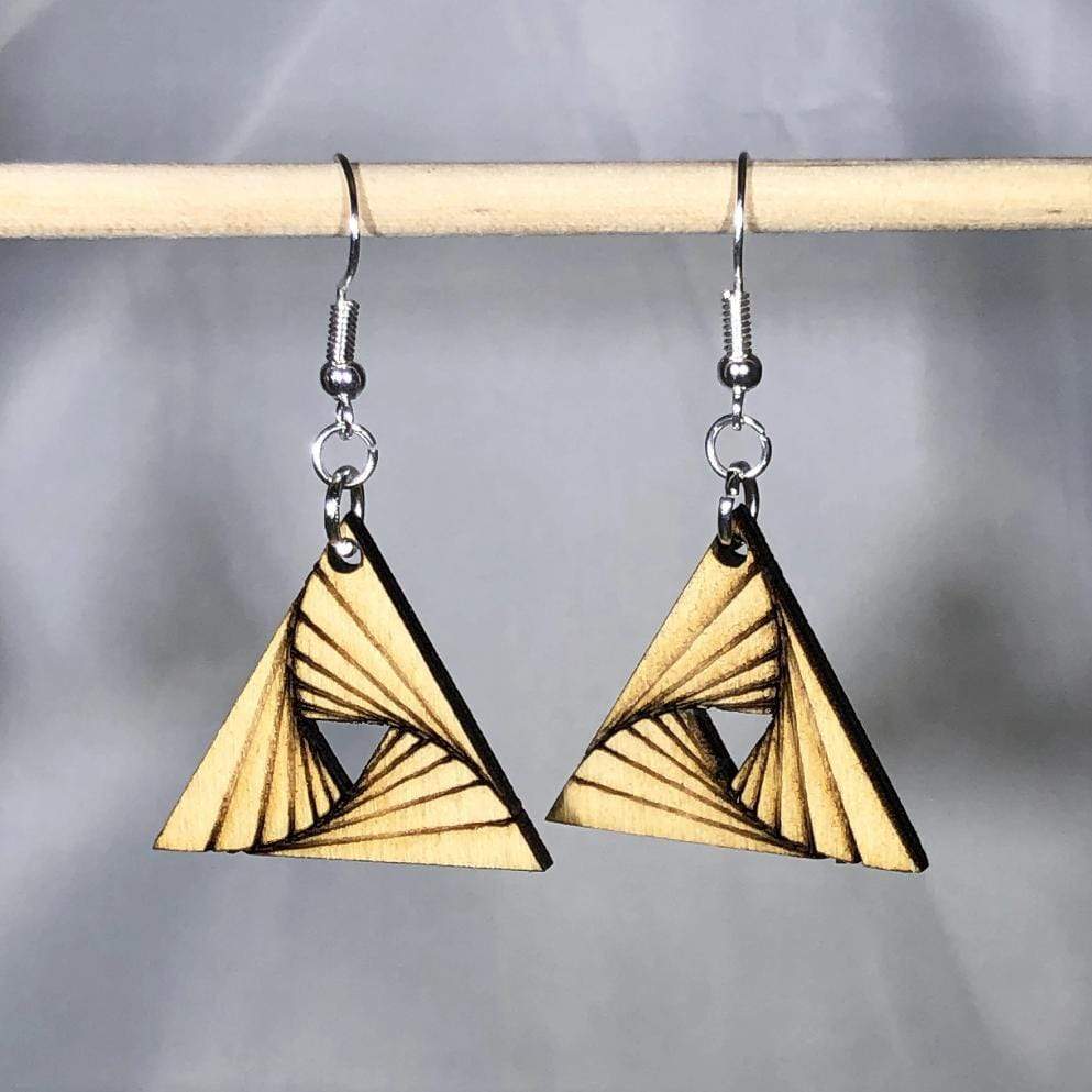 Geometric Triangle Twist Wooden Dangle Earrings | Modern Jewelry detail view by Cate's Concepts, LLC
