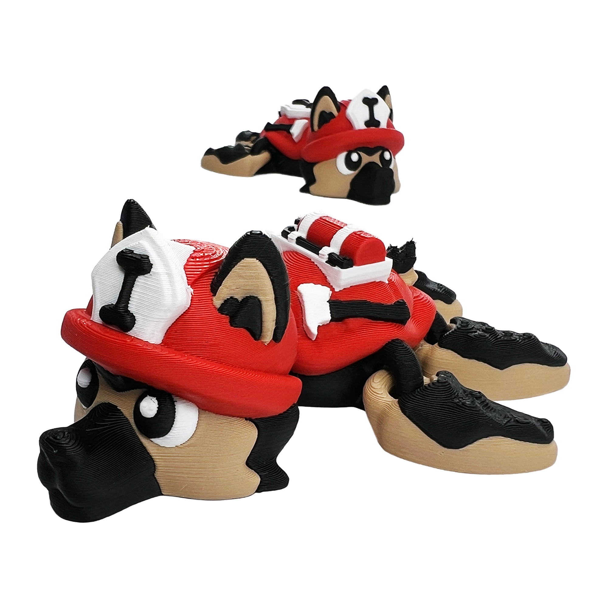 German Shepherd firefighter turtle articulated 3D printed toy in red, black, tan, and white