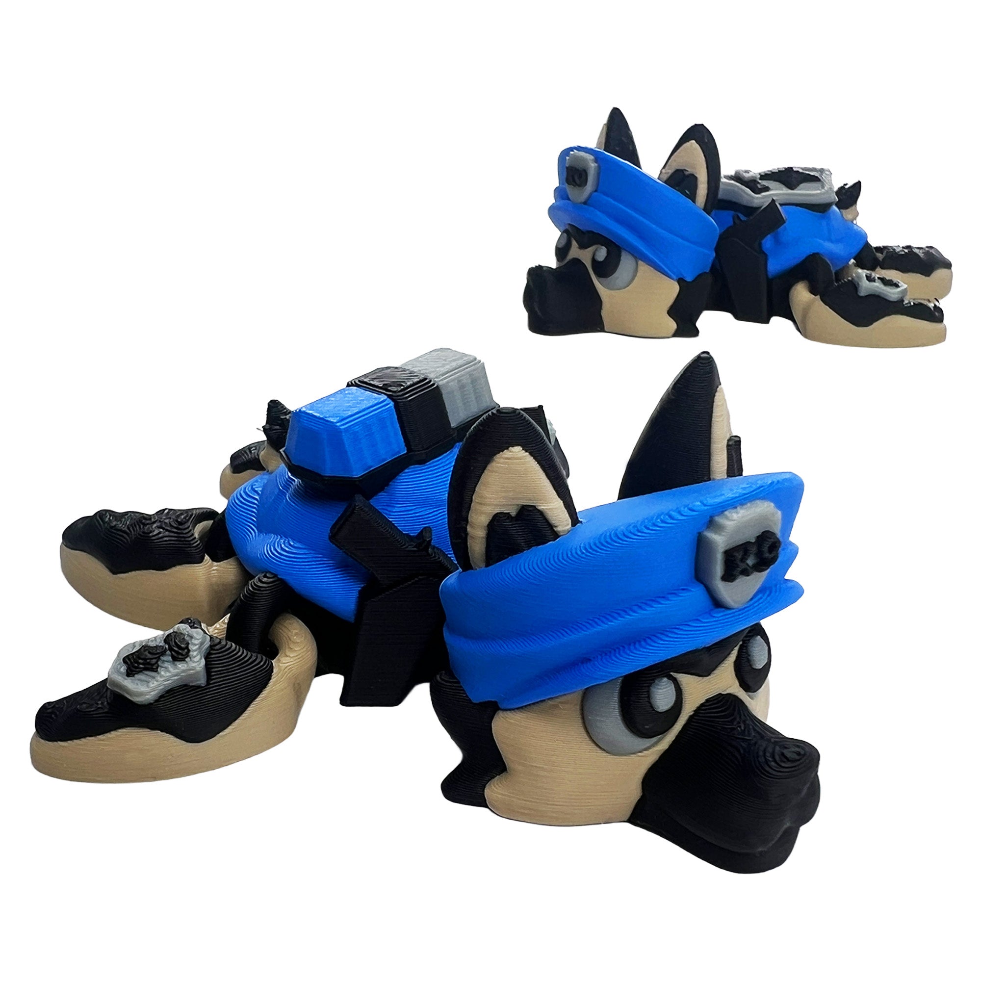 German Shepherd police turtle articulated 3D printed toy in blue, black, tan, and gray