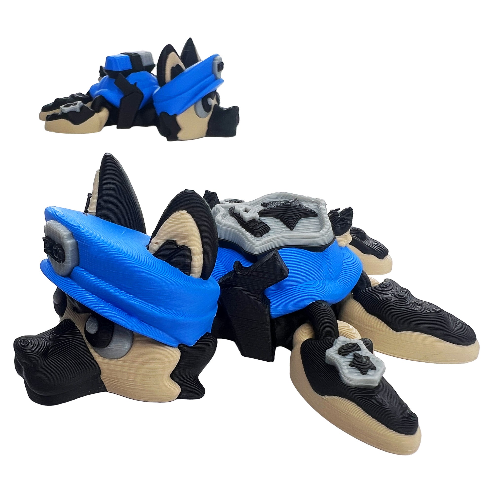 German Shepherd police turtle articulated 3D printed toy shown from the front side with blue police cap