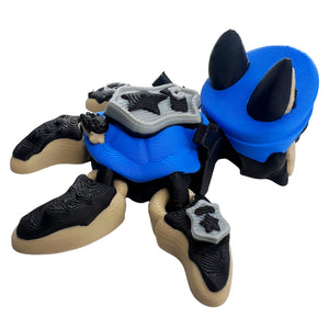 Rear view of German Shepherd police turtle articulated 3D printed toy with badge shell details