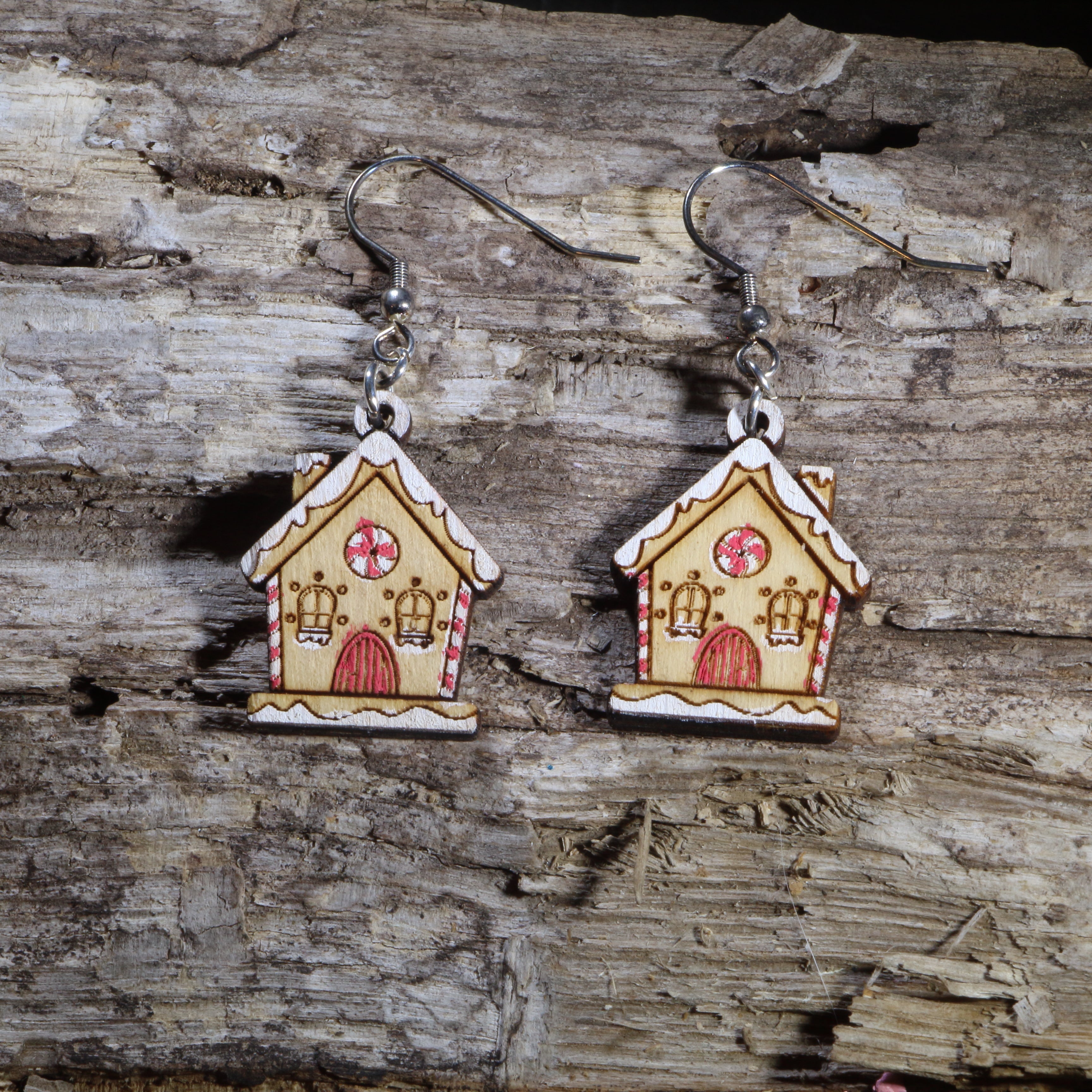 Gingerbread House Wooden Dangle Earrings | Christmas Holiday Jewelry by Cate's Concepts, LLC