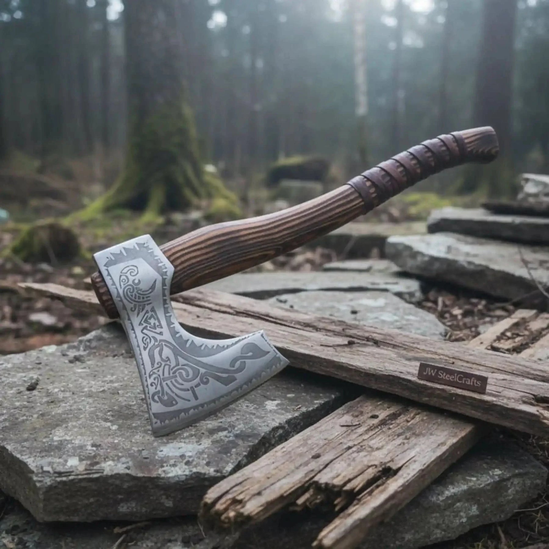 Engraved Carbon Steel Ragnar Axe with Bearded Head detail view by JW SteelCrafts