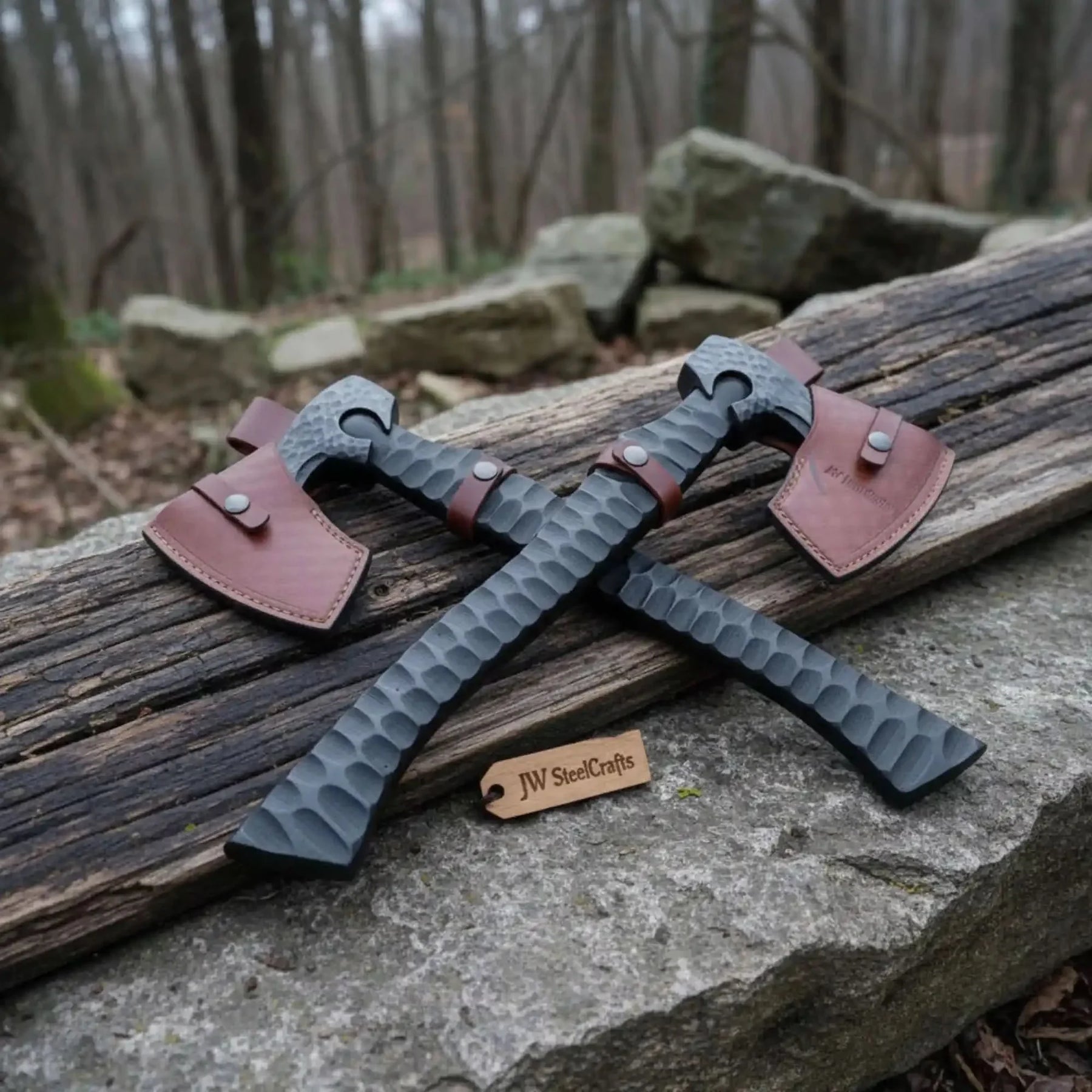 Forged Tool Axe Duo – Textured Steel Heads with Sculpted Hardwood Handles and Leather Sheaths by JW SteelCrafts, leather knife sheath detail photo 4