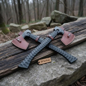 Forged Tool Axe Duo – Textured Steel Heads with Sculpted Hardwood Handles and Leather Sheaths by JW SteelCrafts, leather knife sheath detail photo 4