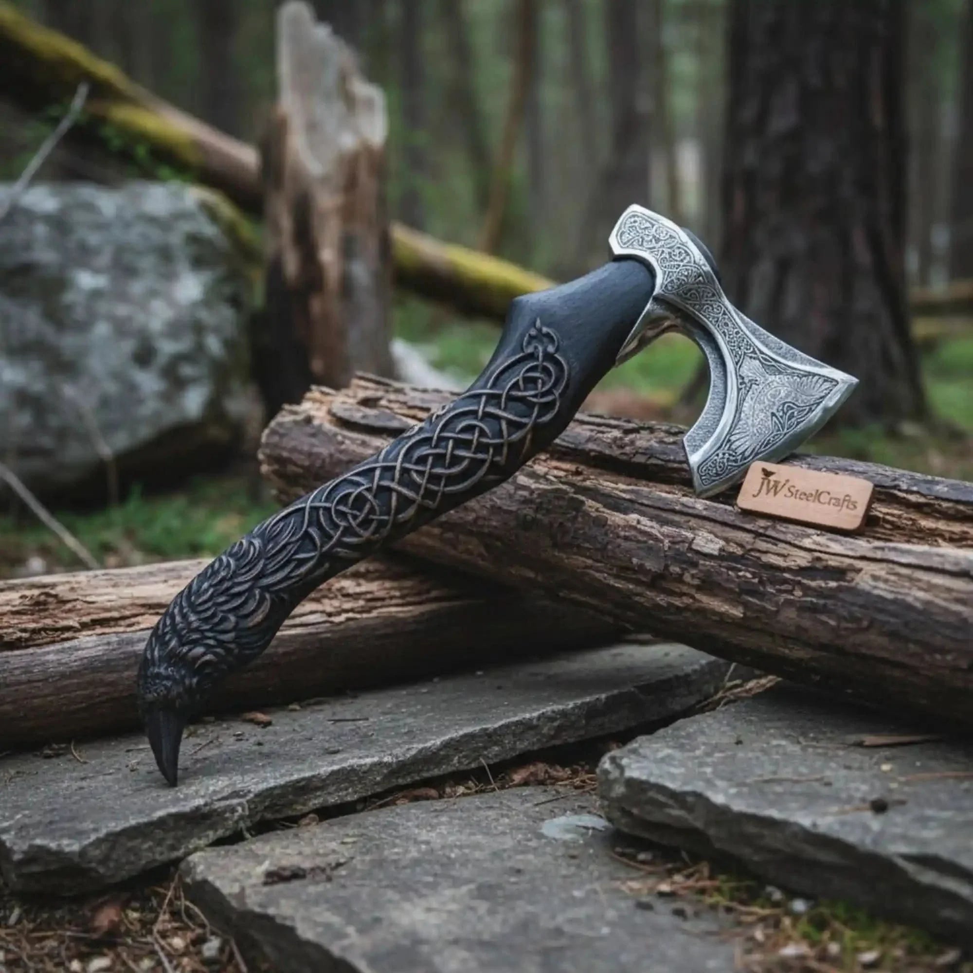 Handcrafted Viking-Style Bearded Axe with Engraved Steel Head and Carved Hardwood Handle by JW SteelCrafts, Southern lifestyle apparel detail photo 2