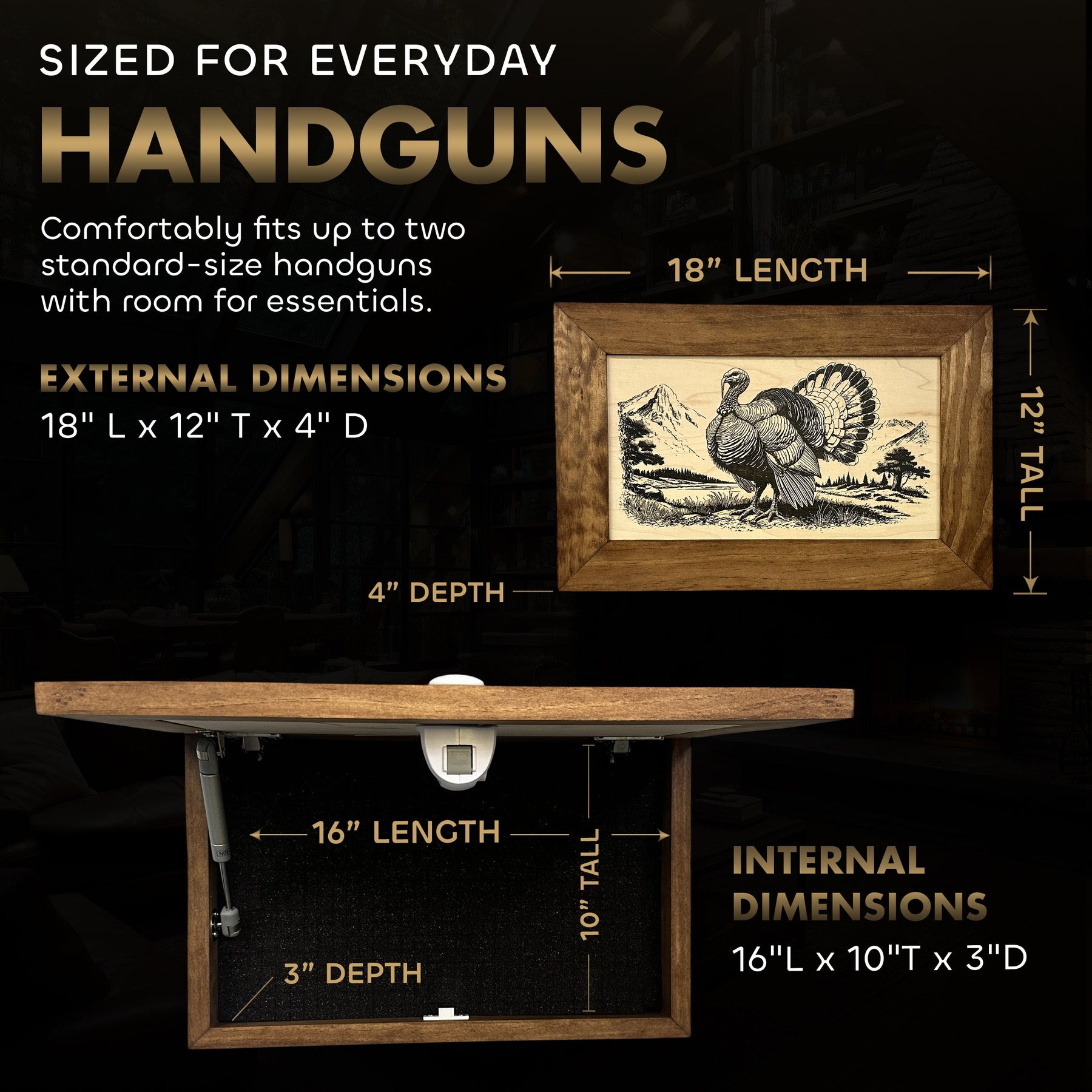 Wild Turkey Gobbler Gun Concealment Furniture - Handcrafted Hidden Gun Storage Wall Decor - Hidden Safe Furniture with
