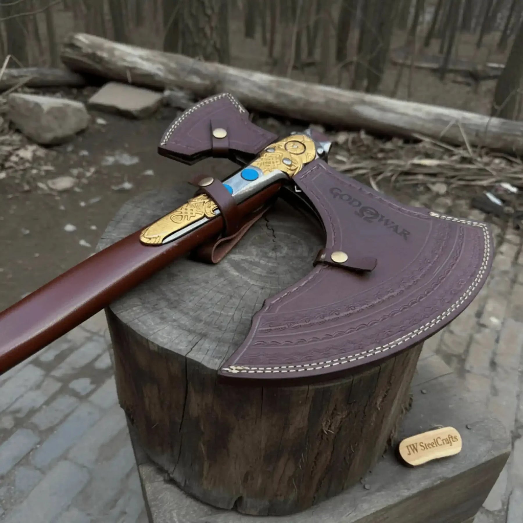 Hand Forged Viking Fantasy Double-Bit Axe with Norse Engraving, Gold Handle Fittings and Blue Gemstone Inlays by JW SteelCrafts, handmade jewelry detail photo 5