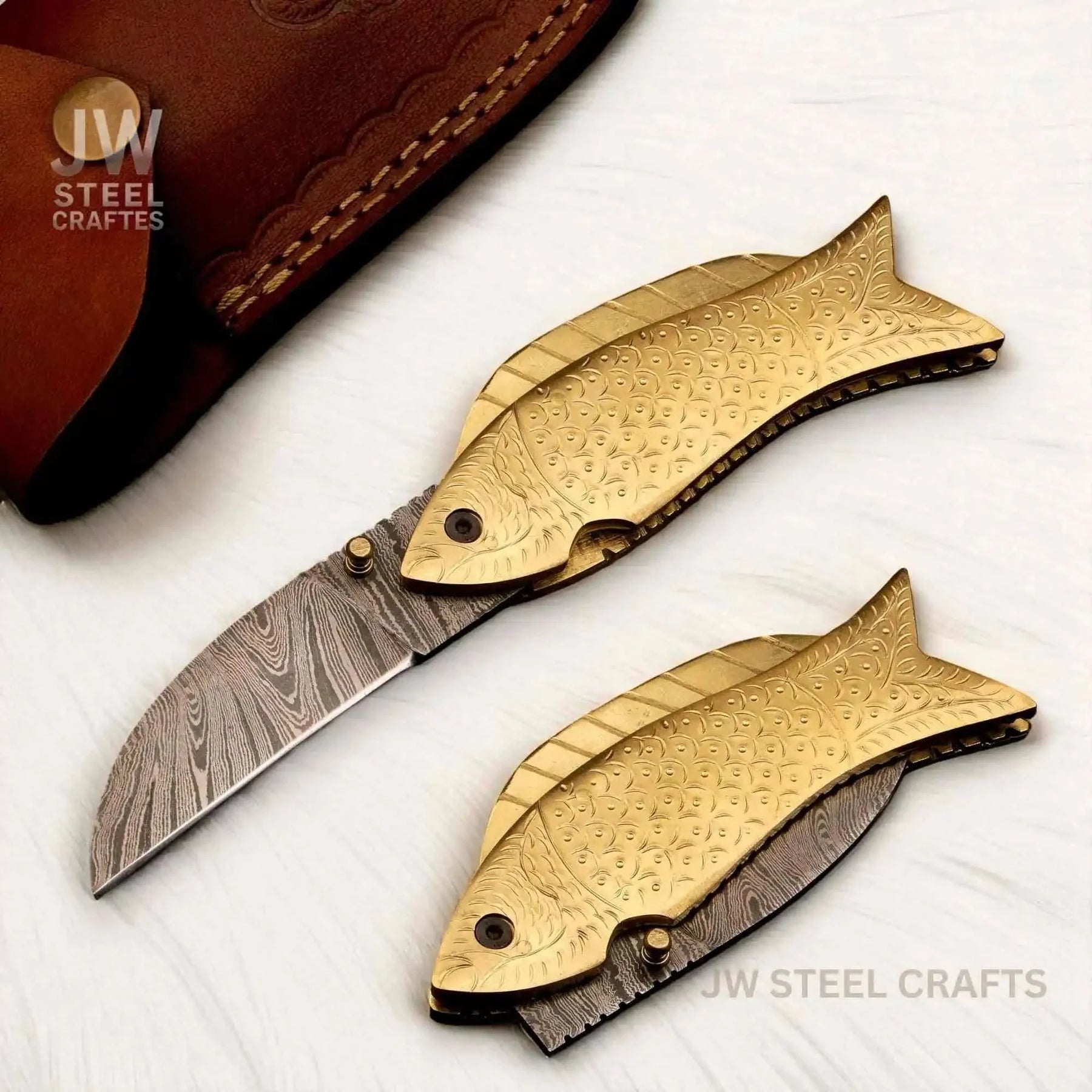 Handmade Damascus Steel Folding Knife with Engraved Brass Fish Handle by JW SteelCrafts, Damascus knife main product photo