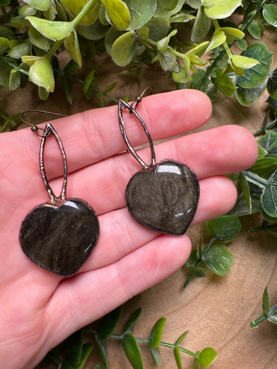 Gold Sheen Obsidian Heart Earrings by Copper Ashes