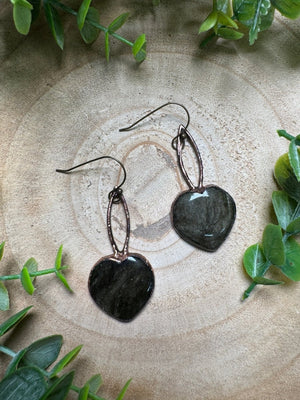 Gold Sheen Obsidian Heart Earrings detail view by Copper Ashes
