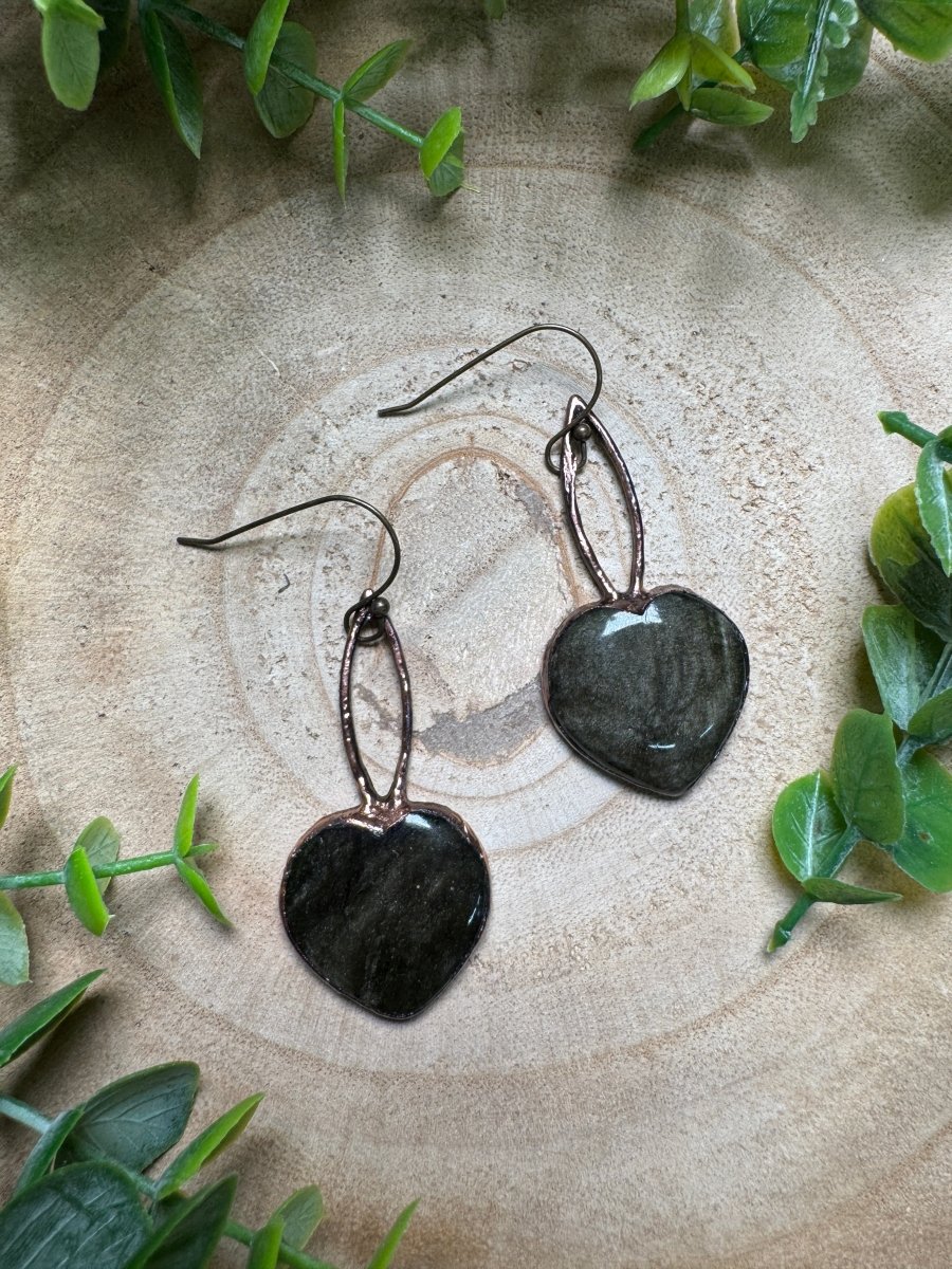 Gold Sheen Obsidian Heart Earrings detail view by Copper Ashes