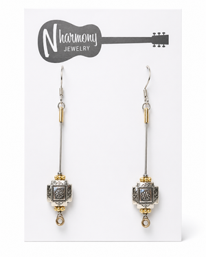 Silver and Gold Aztec Guitar String Earrings by N Harmony Jewelry, handmade jewelry detail photo 3