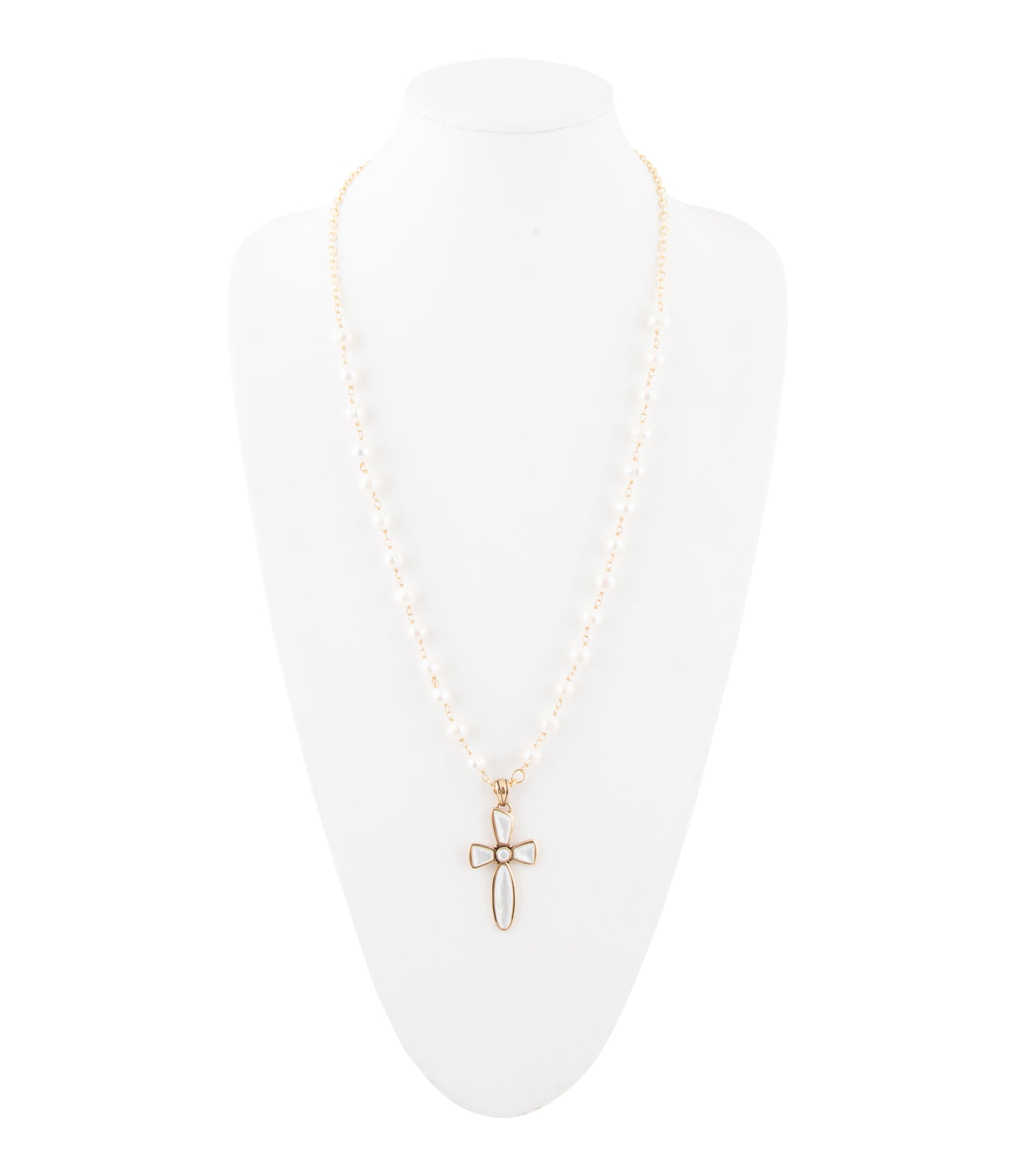 Las Cruces White Pearl Cross Pendant Necklace detail view by Barse Jewelry