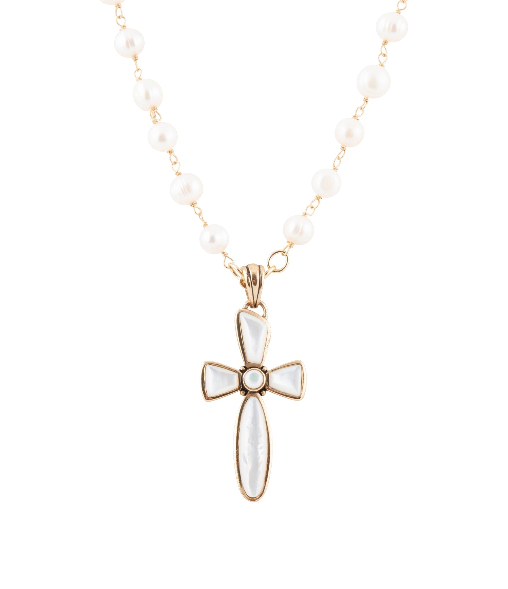 Las Cruces White Pearl Cross Pendant Necklace by Barse Jewelry