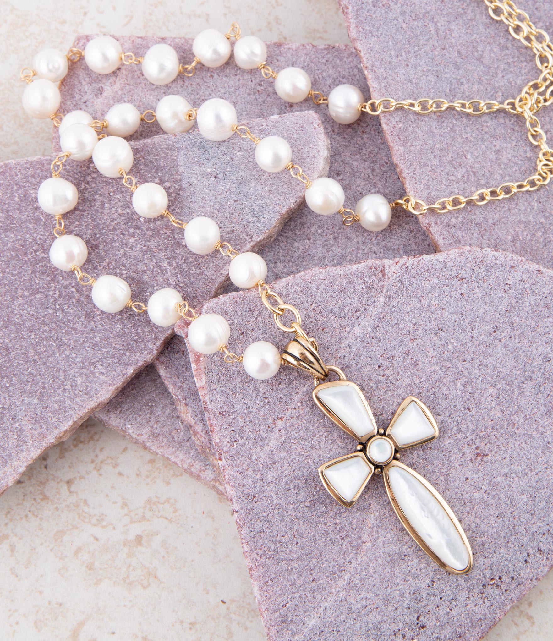 Las Cruces White Pearl Cross Pendant Necklace detail view by Barse Jewelry