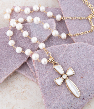 Las Cruces White Pearl Cross Pendant Necklace detail view by Barse Jewelry