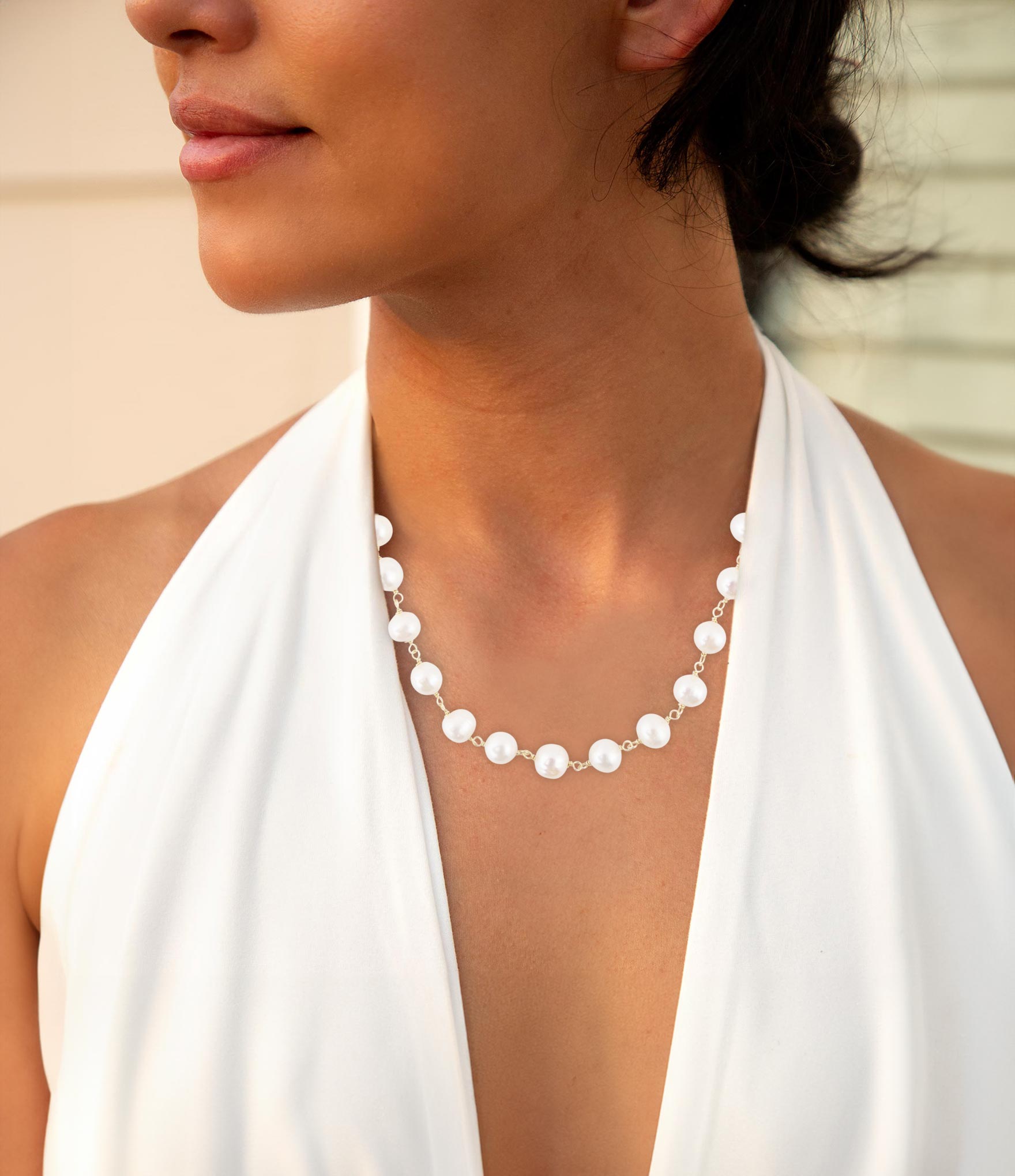 Golden Chain and White Pearl Necklaces detail view by Barse Jewelry