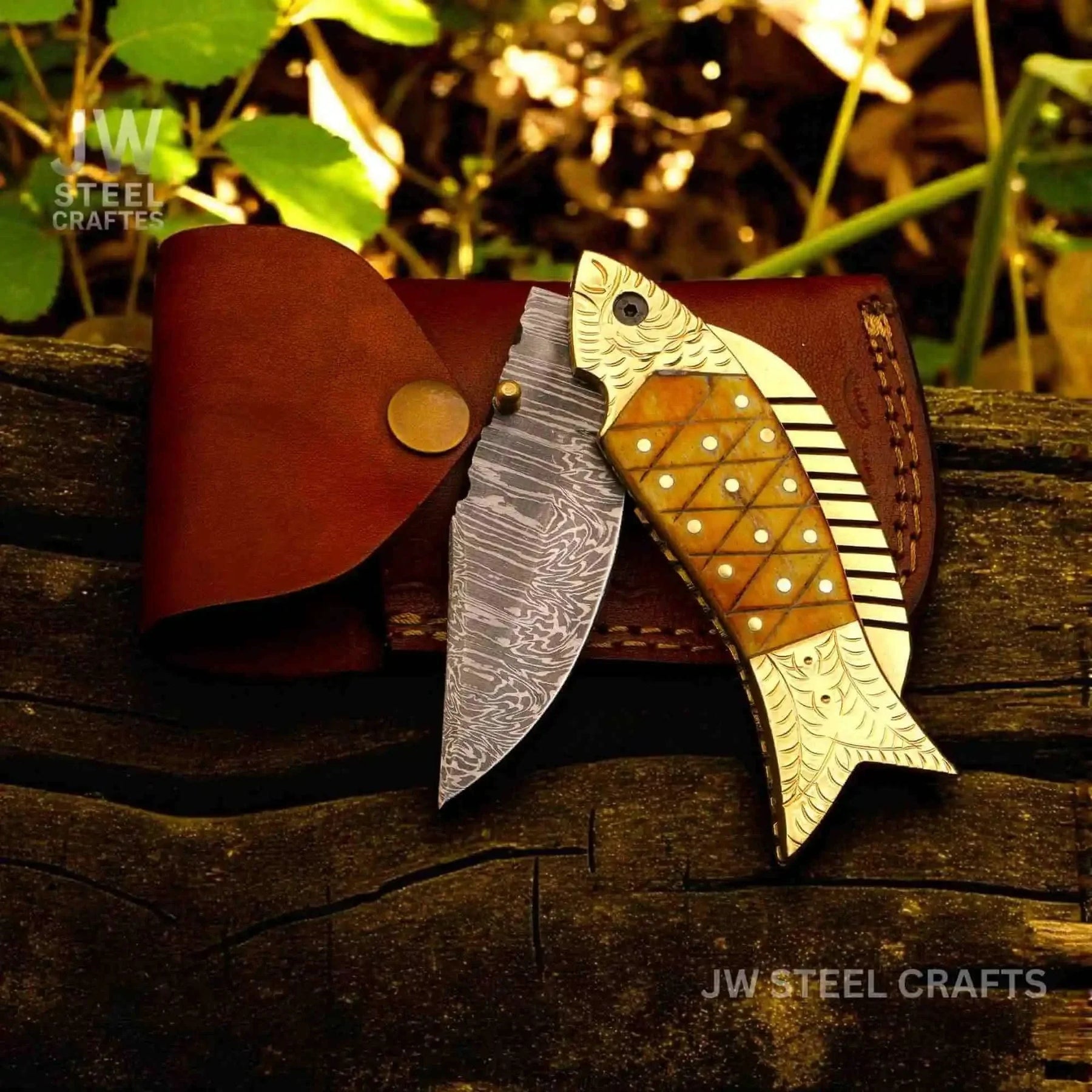 Damascus Fish Folding Knife with Bone Handle, Brass Bolster and Leather Sheath by JW SteelCrafts, leather knife sheath main product photo