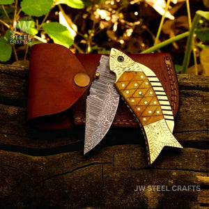 Damascus Fish Folding Knife with Bone Handle, Brass Bolster and Leather Sheath by JW SteelCrafts, leather knife sheath main product photo