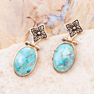 Golden Flower and Blue Turquoise Drop Earrings detail view by Barse Jewelry