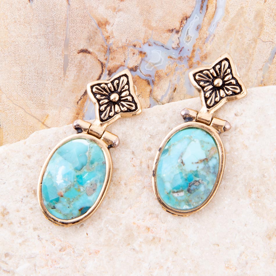Golden Flower and Blue Turquoise Drop Earrings detail view by Barse Jewelry