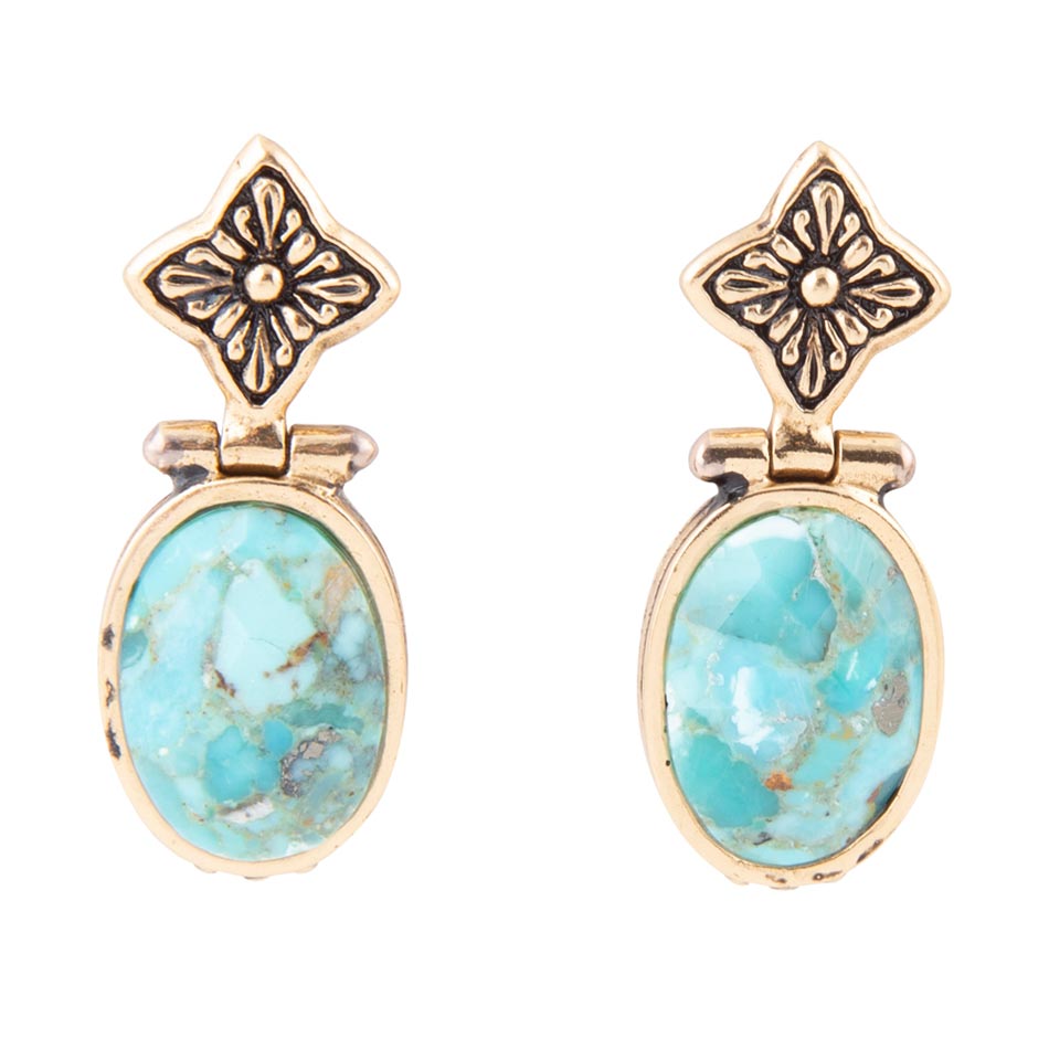 Golden Flower and Blue Turquoise Drop Earrings by Barse Jewelry