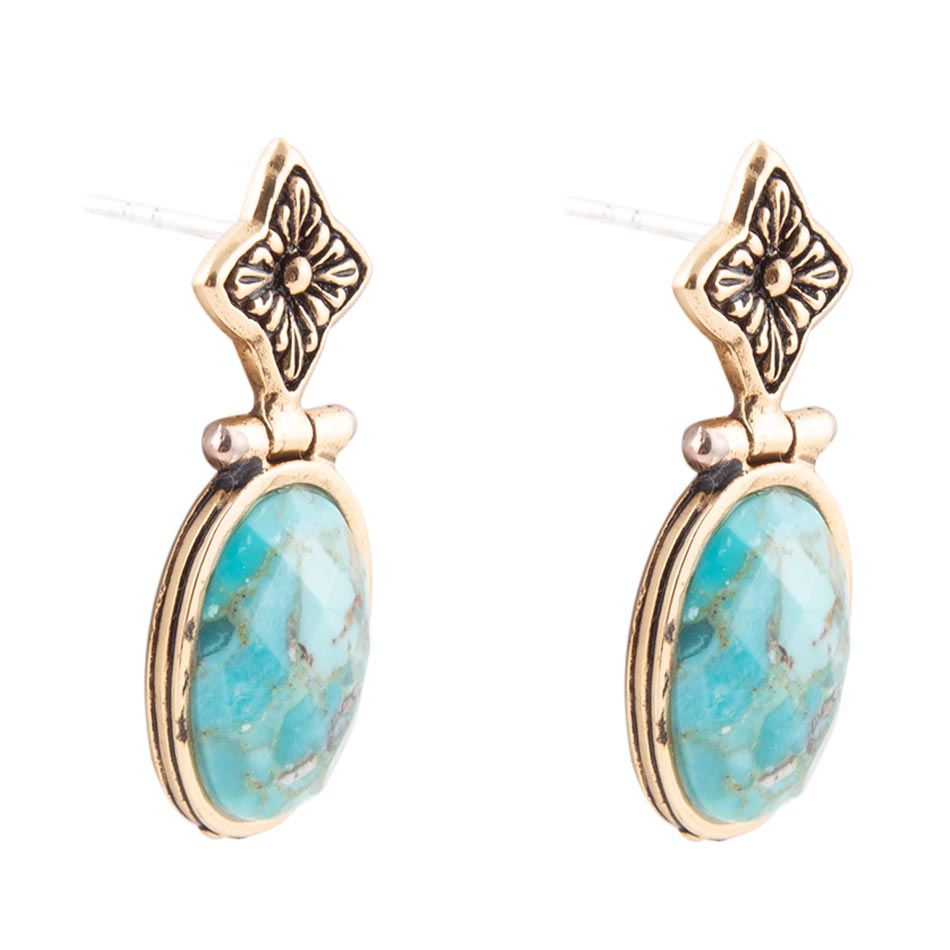 Golden Flower and Blue Turquoise Drop Earrings detail view by Barse Jewelry