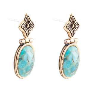 Golden Flower and Blue Turquoise Drop Earrings detail view by Barse Jewelry