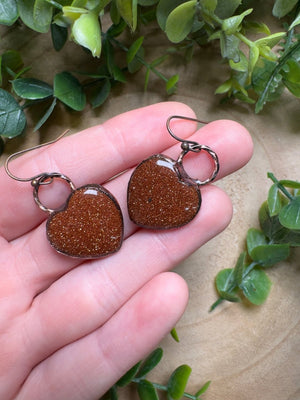 Goldstone Heart Earrings detail view by Copper Ashes