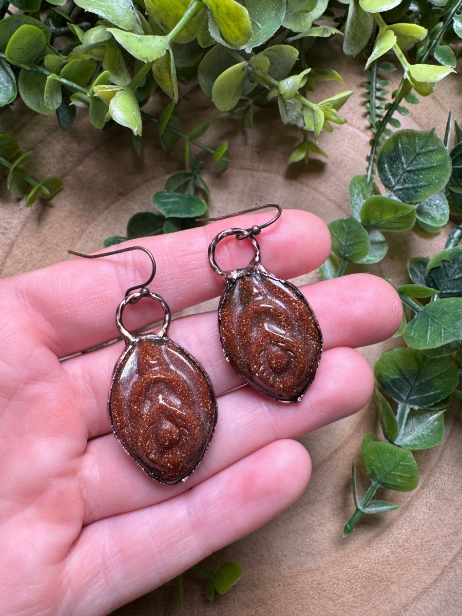 Goldstone Yoni Earrings detail view by Copper Ashes