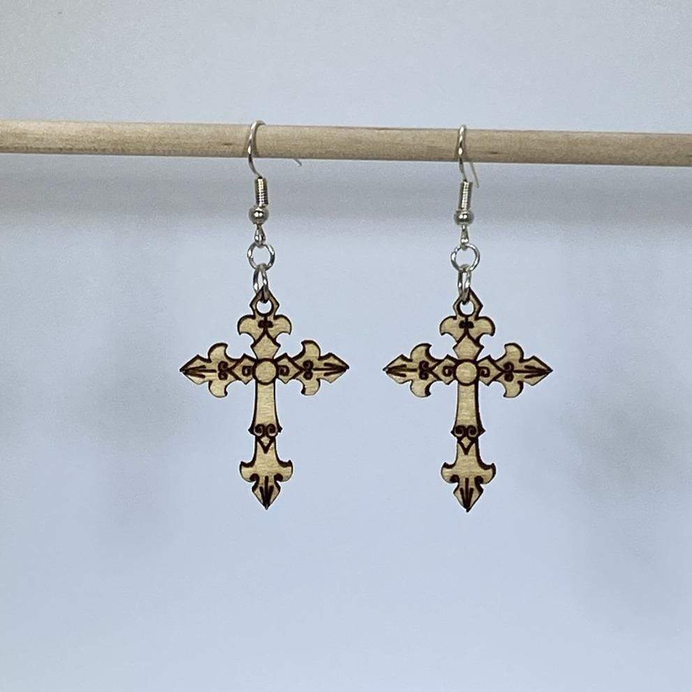 Gothic Cross Wooden Dangle Earrings | Dark Faith Jewelry detail view by Cate's Concepts, LLC