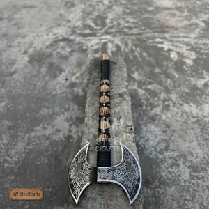 Hand Engraved Double Headed Viking Axe with Nordic Knotwork and Leather Wrapped Handle by JW SteelCrafts, handmade axe detail photo 3