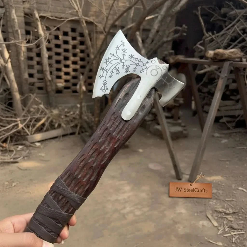 Handmade Viking Double-Bit Carbon Steel Axe with Norse Rune Etching and Engraved Hardwood Handle by JW SteelCrafts, Southern lifestyle apparel detail photo 4