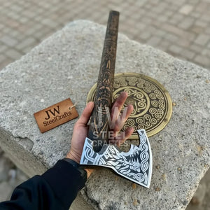 Handcrafted Viking Shield and Engraved Axe Set with Raven Motif and Norse Knotwork by JW SteelCrafts, handmade axe detail photo 5