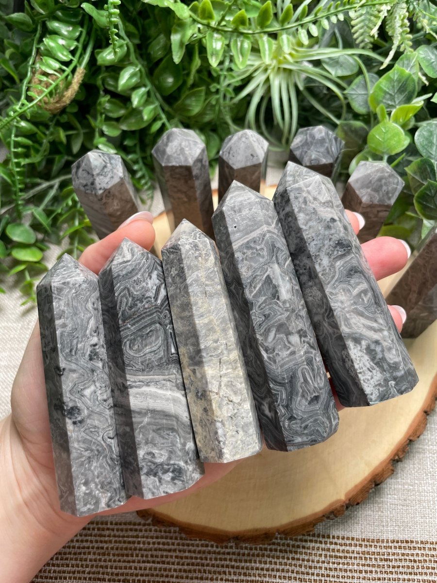 Gray Lace Agate Tower detail view by Copper Ashes