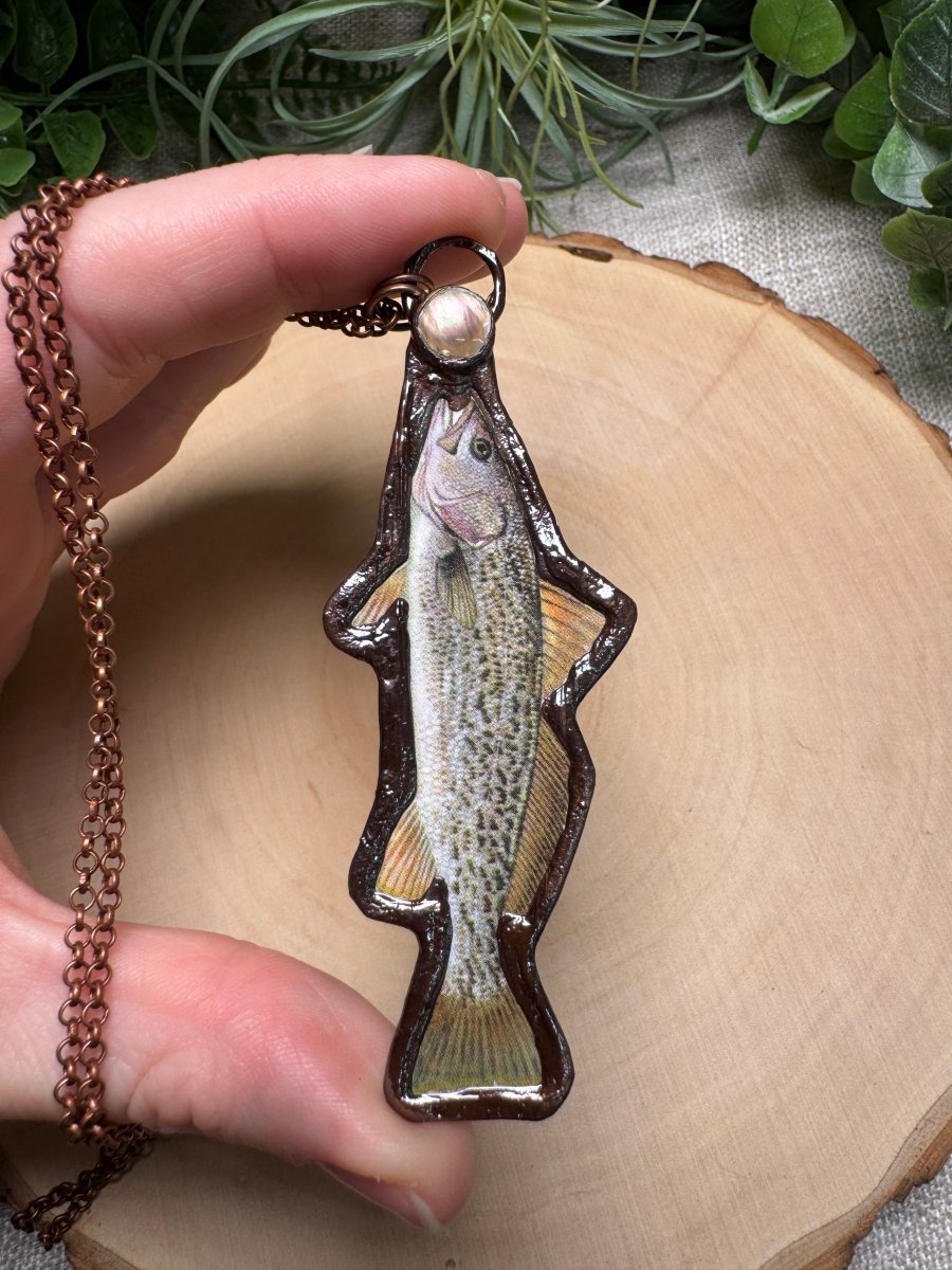 Gray Trout and Shell Necklace detail view by Copper Ashes