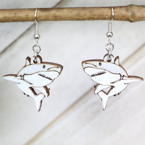 Great White Shark Wooden Earrings | Ocean Predator Jewelry detail view by Cate's Concepts, LLC