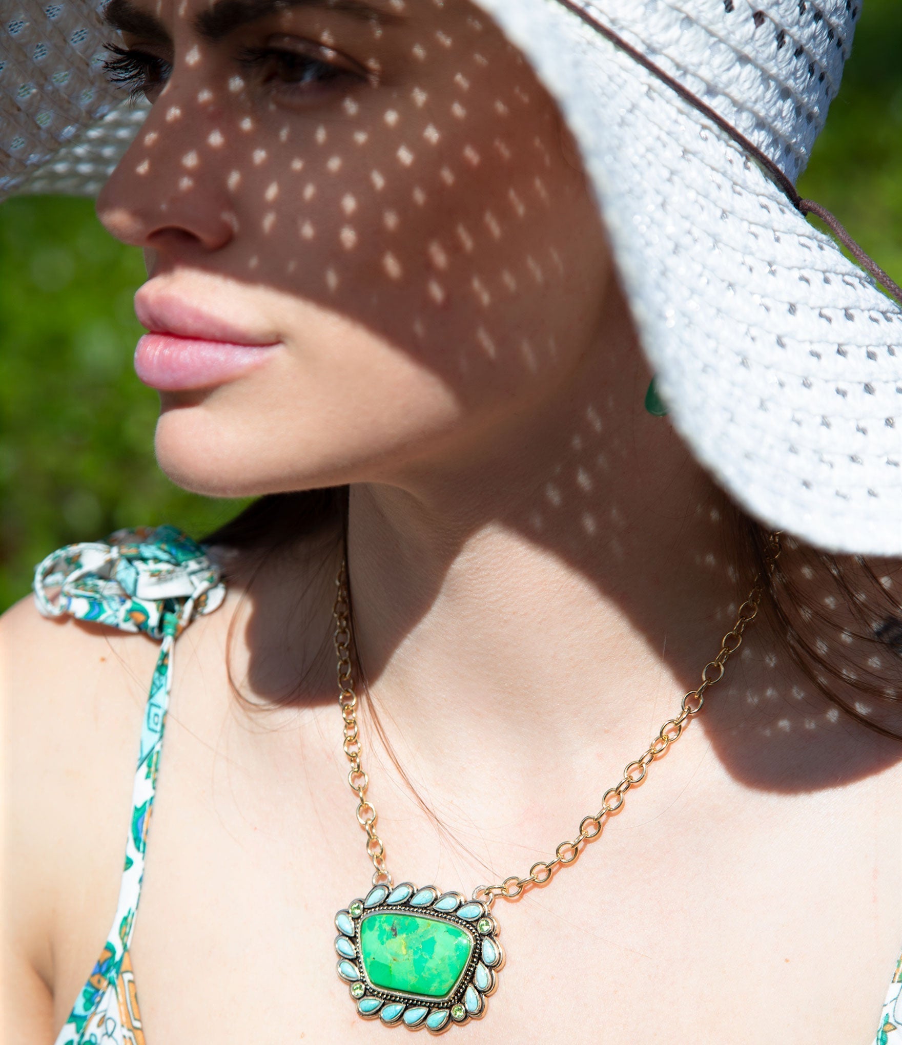 Legacy Lime Green and Blue Turquoise Golden Pendant Necklace detail view by Barse Jewelry
