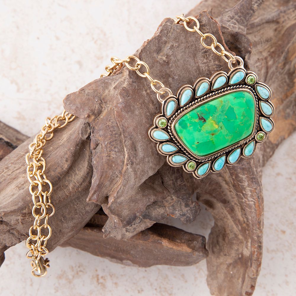 Legacy Lime Green and Blue Turquoise Golden Pendant Necklace detail view by Barse Jewelry