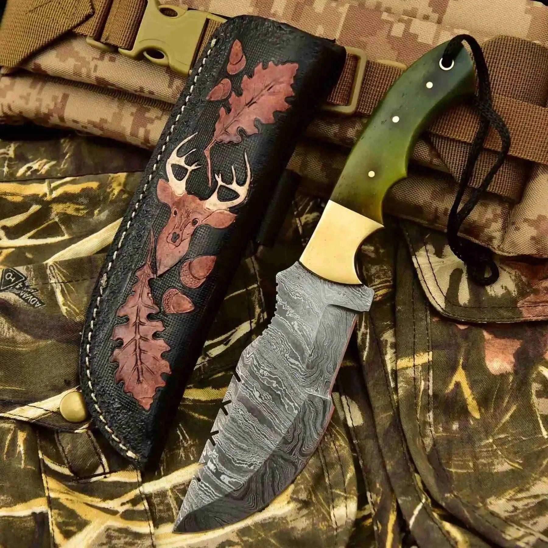 Damascus Steel Tracker Knife – Multiple Handle Colors | JW SteelCrafts by JW SteelCrafts, Damascus knife detail photo 3