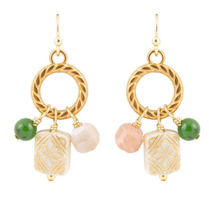Green Jade and Pink Sunstone Golden Drop Earrings by Barse Jewelry
