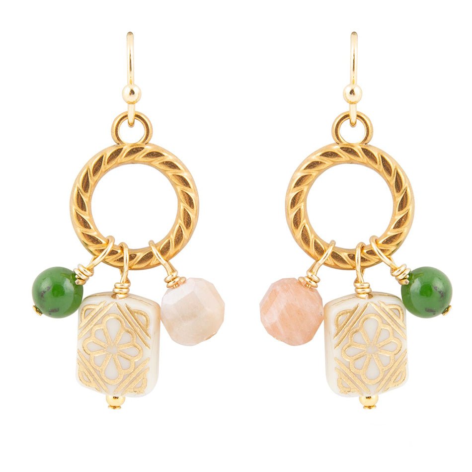 Green Jade and Pink Sunstone Golden Drop Earrings by Barse Jewelry